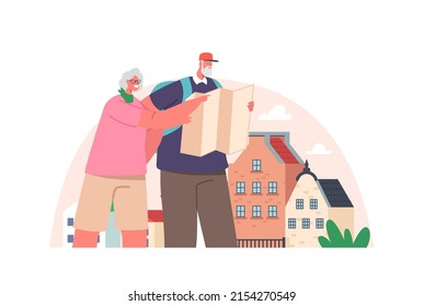 Aged Persons in Voyage Abroad. Senior Tourist Couple Characters with Luggage Watching Map in City Trip, Elderly People Traveling Searching Right Way in Foreign Country. Cartoon Vector Illustration