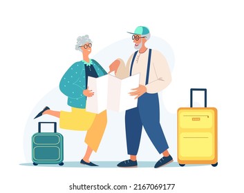 Personas de edad en viaje al extranjero.Personajes de parejas de turistas de alto rango, maleta para equipaje.Mapa de observación en viaje por la ciudad, personas de edad avanzada viajando buscando en el camino correcto en el país extranjero.Ilustración del vector de dibujos animados