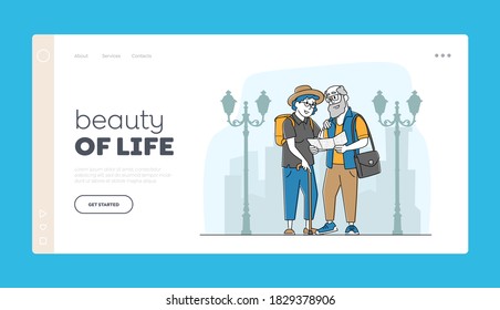 Aged Persons Voyage Landing Page Template. Senior Tourist Couple Characters with Luggage Watch Map in City Trip, Elderly People Traveling Searching Way in Foreign Country. Linear Vector Illustration