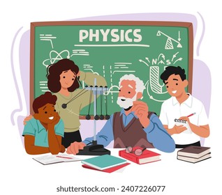 Aged Physics Teacher Character , Passionately Imparts Wisdom To Eager Kids In A Classroom Adorned With Equations And Scientific Wonders, Fostering Curiosity. Cartoon People Vector Illustration