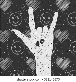 Aged poster with hippie hand sign. Black and white picture. Vector illustration. EPS.