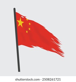 Alte und zerlumpte chinesische Flagge mit zerrissenem, bedrücktem Design. Eine Vintage, gekratzt und gebeizt Flagge