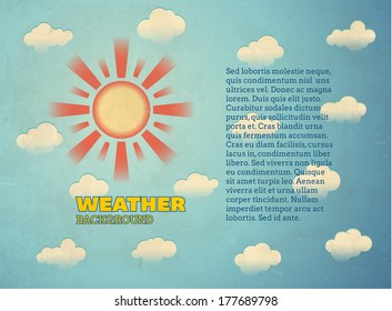 Aged raster printed card with sun and clouds