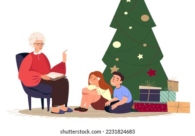 Aged retired Grandmother reading book to Grandchildren sitting around Christams Tree.Gifts,Presents Boxes Celebrate New Year,Xmas.Grandparent,Kids,Children spend time together.Flat vector Illustration