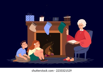 Aged retired Grandmother reading book to Grandchildren sit near fireplace.Cosy Warm Atmosphere,Socks,Gifts,Presents Celebrate New Year,Xmas.Grandparent,Kids spend time together.Vector Illustration