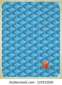 Aged retro card with blue cubes pattern