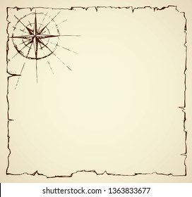 Aged revival empty rusty marine card on white page backdrop. Line black ink hand drawn journey way icon sign sketch in art cartoon doodle engraved notice print style on parchment space for write text