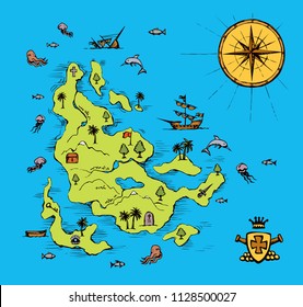 Aged revival isle place plan road card on blue water backdrop. Medieval game view texture space for text. Bright color hand drawn boat journey way key icon sign in past art cartoon doodle sketch style