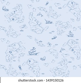 Aged revival isle place plan galleon boat on white water backdrop. Game view. Freehand line black ink hand drawn journey way icon sign sketch in retro art cartoon doodle notes print style pen on paper