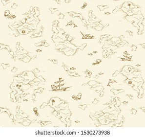 Aged revival isle place plan galleon boat on white water backdrop. Game view. Freehand line black ink hand drawn journey way icon sign sketch in retro art cartoon doodle notes print style pen on paper
