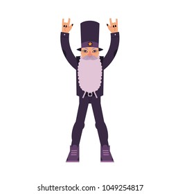 Aged rock man with long beard staying and making hand horns gesture isolated on white background. Cartoon character of musical fan in years in rock clothes. Colorful vector illustration.