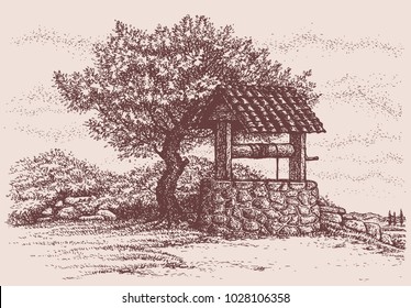 Aged rock source basin with crank covered tiled canopy on village yard. Freehand outline ink hand drawn backdrop in art retro doodle graphic style pen on paper with space for text on sky