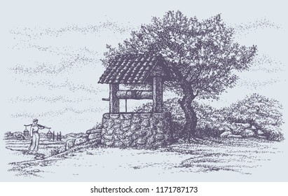 Aged rock source basin with crank covered tiled canopy on village yard. Romantic view. Freehand outline ink hand drawn background sketch in art retro engraving graphic style pen on paper