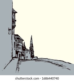 Aged romantic autumn downtown square place view medieval park alley. Freehand outline black ink hand drawn picture in retro art doodle engrave print style pen on paper text space on white sky backdrop