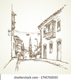 Aged romantic autumn downtown square place view medieval park alley. Freehand outline black ink hand drawn picture in retro art doodle engrave print style pen on paper text space on white sky backdrop