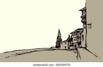 Aged romantic autumn downtown square place view medieval park alley. Freehand outline black ink hand drawn picture in retro art doodle engrave print style pen on paper text space on white sky backdrop