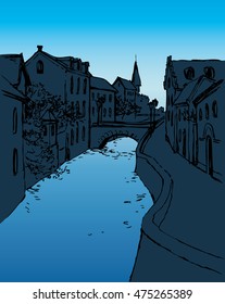 Aged romantic downtown place with obsolete edifice near stone road along stream with space for text on blue sky backdrop. Dark black ink hand drawn picture sketchy in art vintage engraving style