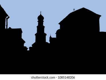 Aged romantic downtown place with old medieval edifice. Dark ink drawn picture in art retro contour engraving style with space for text on blue nightfall crepuscule heaven copyspace backdrop