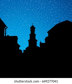 Aged romantic downtown place with old medieval edifice. Dark ink drawn picture in art retro contour engraving graphic style with space for text on blue nightfall crepuscule heaven backdrop