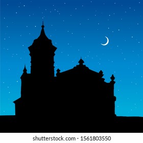 Aged romantic downtown place scene text space on blue nighttime summer backdrop. Big medieval urban street mansion dome exterior scenic view. Hand drawn sign icon logo. Art retro cartoon contour style