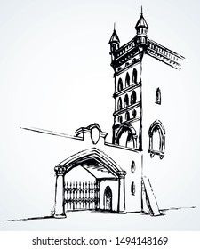 Aged romantic downtown scenic place. Stone chapel edifice entry yard arc on white sky. Freehand outline black ink hand drawn religious dome picture in art doodle style pencil on paper space for text