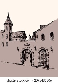 Aged romantic downtown scenic place. Stone chapel edifice entry yard arc isolated on white sky texture. Freehand line black ink hand drawn religious outdoor. Art style picture design. Paper text space