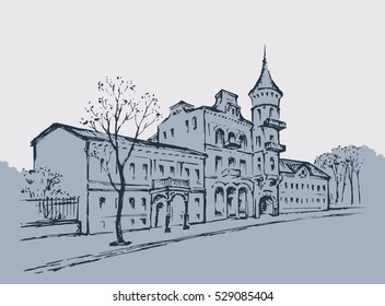 Aged romantic downtown square place with medieval edifice and space for text on sky backdrop. Ukrainian scenic view. Freehand outline ink drawn picture sketchy in art retro scribble style pen on paper