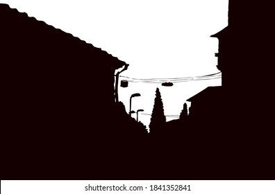 Aged romantic evening autumn downtown square place view medieval park alley. Dark ink hand drawn symbol picture icon in retro art engrave contour print style on paper text space. White sky backdrop