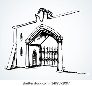 Aged romantic line downtown royal alley ruin scenic place text space. Stone edifice entry yard arc on white sky view. Outline black ink hand drawn built urban scene in art doodle engrave cartoon style