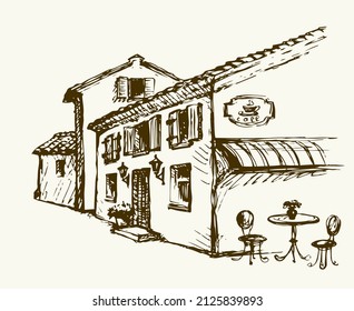 Aged romantic Paris square food bench seat summer scene view. Freehand outline black ink pen hand drawn France downtown road place picture. Antique art doodle print style white sky text space backdrop