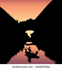 Aged romantic scene coast downtown passage scenic sunrise urban view text space isolated on evening sky. Dark black color hand drawn tradition journey road scenery silhouette icon symbol in art retro 