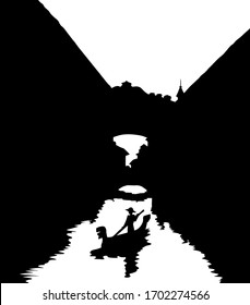 Aged romantic scene coast downtown passage scenic urban view text space isolated on white sky. Dark black ink hand drawn tradition journey road scenery sign logo icon symbol in art retro contour style