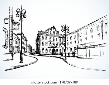 Aged romantic stone France edifice center. Pave alley way scenic view. Sky text space backdrop. Outline ink pen hand drawn people travel. Tourism scene picture symbol artist engrave pencil paper style