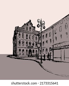 Aged romantic stone France edifice center. Pave alley way scenic view. Sky text space backdrop. Outline ink pen hand drawn people travel. Tourism scene picture symbol artist engrave pencil paper style