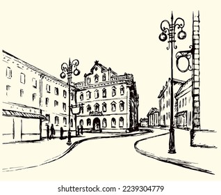 Aged romantic stone France edifice center. Pave alley way scenic view. Sky text space backdrop. Outline ink pen hand drawn people travel. Tourism scene picture symbol artist engrave pencil paper style