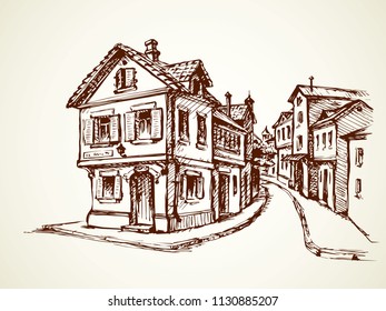 Aged romantic summer downtown place with medieval edifice. Freehand linear ink hand drawn picture sketchy in art retro scribble graphic style pen on paper with space for text on white sky backdrop