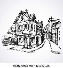 Aged romantic summer downtown place with medieval edifice. Freehand linear ink hand drawn picture sketchy in art retro scribble graphic style pen on paper with space for text on white sky backdrop