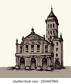 Aged romantic summer downtown place. Big line medieval facade door scenery. Outline black ink hand drawn picture in art retro cartoon doodle engrave print style. Paper text space on white sky backdrop