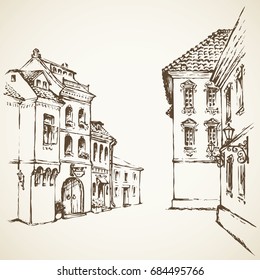 Aged romantic summer downtown place with medieval edifice. Freehand linear ink hand drawn picture sketchy in art retro scribble graphic style pen on paper with space for text on white sky backdrop