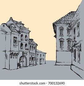 Aged romantic summer downtown place with medieval edifice. Freehand linear ink hand drawn picture sketchy in art retro scribble graphic style pen on paper with space for text on white sky backdrop