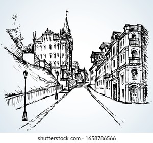 Aged romantic summer medieval Kyiv center Andrew square place scene. Outline black ink hand drawn rural door wall scenic view picture in retro art doodle engrave cartoon style. Text space on white sky