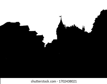 Aged romantic summer medieval Kyiv center Andrew square place scene. Dark ink hand drawn rural way scenic view picture in retro art contour engrave cartoon print style. Text space on evening sunset