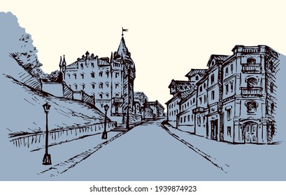 Aged romantic summer medieval Kyiv center Andrew square place scene. Outline black ink hand drawn rural door wall scenic view picture in retro art doodle engrave cartoon style. Text space on white sky
