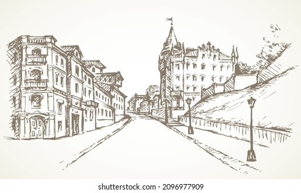 Aged romantic summer medieval Kyiv center Andrew square place scene. Outline black ink hand drawn rural door wall scenic view picture in retro art doodle engrave cartoon style. Text space on white sky