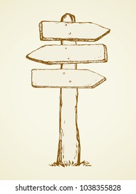 Aged rough brown wood stand isolated on white backdrop. Freehand outline black ink hand drawn picture in art grunge retro contour scribble graphic style pen on paper. View closeup with space for text