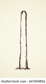 Aged rough brown wood stand isolated on white backdrop. Freehand linear black ink hand drawn picture design in art retro contour scribble graphic style pen on paper. View closeup with space for text