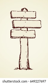 Aged rough brown wood stand isolated on white backdrop. Freehand outline black ink hand drawn picture in art grunge retro contour scribble graphic style pen on paper. View closeup with space for text