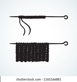 Aged rough roll sew design instrument on white paper backdrop. Dark ink drawn needlecraft picture emblem pictogram in art ancient contour etching print style. Closeup front view with space for text