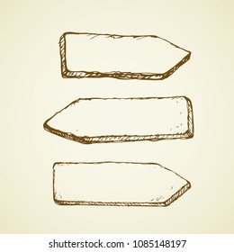 Aged rough wood signpost plate isolated on light grey backdrop. Freehand outline black ink hand drawn picture design in art retro contour scribble style pen on paper. View closeup with space for text