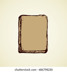 Aged rough wood signpost plate isolated on light grey backdrop. Freehand outline black ink hand drawn picture design in art retro contour scribble style pen on paper. View closeup with space for text
